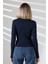Düğmesiz Gömlek Yaka Uzun Kol Basic Kadın T-Shirt 21938 Lacivert 4