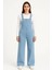Kadın Chambray Açık Mavi Denim Görünümlü Geniş Paça Salopet Tulum - Mavi 4