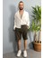 Beli Lastikli ve Bağcıklı Haki Keten Şort 2
