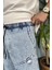 Beli Lastikli Bağcıklı Mavi Kot Şort 5