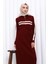 Bordo Yaka Fermuarlı Fitilli Çizgili Triko Elbise 2