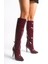 Bordo Rugan Kadın Çizme Diz Altı Tokalı Fermuarlı Ince Topuklu Rose 4