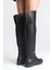 Siyah Deri Binici Diz Üstü Kısa Topuklu Kaymaz Taban Taşlı Fermuarlı Bihter Kadın Çizme 4