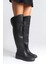 Siyah Deri Binici Diz Üstü Kısa Topuklu Kaymaz Taban Taşlı Fermuarlı Bihter Kadın Çizme 5