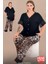 Lady Büyük Beden Leopar Desenli Pijama Düğmeli Üst Kollar ve Bacaklar Dantelli Pijama Takımı 2