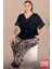 Lady Büyük Beden Leopar Desenli Pijama Düğmeli Üst Kollar ve Bacaklar Dantelli Pijama Takımı 3