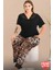 Lady Büyük Beden Leopar Desenli Dantel Paça Pijama V Yaka Dantelli Kısa Kollu Pijama Takımı 2