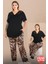 Lady Büyük Beden Leopar Desenli Dantel Paça Pijama V Yaka Dantelli Kısa Kollu Pijama Takımı 3