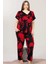 Lady Çiçek Desenli Kırmızı Kısa Kol Dantel Yaka Önden Düğmeli Viskon Kumaş Pijama Takımı 1