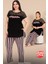Lady Büyük Beden Çizgili Kısa Kollu Uzun Pijama Takımı 3