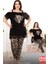 Lady Viskon Kumaş Büyük Beden Leopar Desenli Omuz Detaylı Kısa Kollu Uzun Pijama Takımı 1