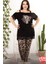 Lady Viskon Kumaş Büyük Beden Leopar Desenli Omuz Detaylı Kısa Kollu Uzun Pijama Takımı 2