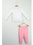 Bebek Kız Beyaz Çiçek Aplike Detaylı Sweatshirt ve Pembe Eşofman Altı Takımı 4