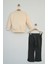 Bej Rengi Yazılı Sweatshirt ve Ekose Pantolonlu Kız Çocuk Takımı 4