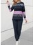 Kadın Uzun Kollu Bisiklet Yaka Çizgili Desen Iki Iplik Bluz ve Pantolon Ikili Takım 1