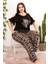 Lady Siyah Leopar Desenli Kısa Kollu Büyük Beden Pijama Takımı 1