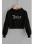 Kadın Relaxed Fit Juicy Kristal Taş Baskılı Crop Top Hoodie Kalın Sweatshirt Siyah 1