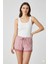 Çizgili Penye Kadın Ev Şortu Bacak Dantel Detaylı Ev Giyim Fuşya 1