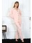 Kadın Penye Uzun Kol Önden Düğmeli Pijama Takım Pembe 1