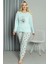 Kadın Büyük Beden Penye Uzun Kol Pijama Takım Su Yeşili 2