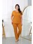 Kadın Büyük Beden Kısa Kol Penye Pijama Takımı Hardal 1