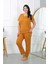 Kadın Büyük Beden Kısa Kol Penye Pijama Takımı Hardal 2