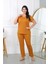 Kadın Büyük Beden Kısa Kol Penye Pijama Takımı Hardal 4
