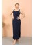 Kadın Kalın Askılı Yırtmaçlı Uzun Lacivert Gecelik 2