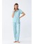 Kadın Buz Mavisi Yıldız Desenli Önden Düğmeli Pijama Takımı 1