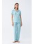 Kadın Buz Mavisi Yıldız Desenli Önden Düğmeli Pijama Takımı 2