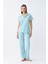 Kadın Buz Mavisi Yıldız Desenli Önden Düğmeli Pijama Takımı 5