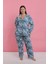 Kadın Büyük Beden Mavi Tropikal Desenli Düğmeli Pijama Takımı 1