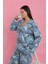 Kadın Büyük Beden Mavi Tropikal Desenli Düğmeli Pijama Takımı 2
