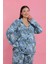 Kadın Büyük Beden Mavi Tropikal Desenli Düğmeli Pijama Takımı 4