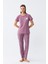 Kadın Mor Patili Tavşan Baskılı Cepli Pijama Takımı 1