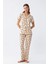 Kadın Krem Rengi Kalp Desenli Önden Düğmeli Pijama Takımı 1