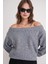 69633 Kadın Kayık Yaka Yün Karışımlı Premium Triko Kazak Gri 1