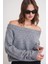 69633 Kadın Kayık Yaka Yün Karışımlı Premium Triko Kazak Gri 3