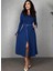 Kadın Uzun Kollu Yakalı Belden Deri Detaylı Kuşaklı Yırtmaçlı Midi Viskon Iki Iplik Elbise 3