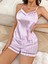 Kadın Beyaz Pembe Çizgili Saten Şort Pijama Takımı 2237 3