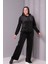 Kadın Büyük Beden Kadife Doğal Taş Görünümlü Siyah Eşofman Takımı 3
