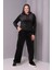 Kadın Büyük Beden Kadife Doğal Taş Görünümlü Siyah Eşofman Takımı 4