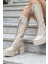 Kalın Yüksek Topuklu Fermuarlı Diz Altı Sade Bağcıklı Kadın Krem Çizme 5