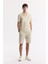 Erkek Bej Beli Lastikli Bağcıklı Keten Karışımlı Örme Regular Fit Şort A51Y3601 1