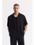 Erkek Siyah Apaj Yaka %100 Keten Kısa Kol Oversize Fit Gömlek A51Y2209 1