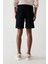 Erkek Siyah %100 Pamuk Yandan Cepli Beli Lastikli Keten Dokulu Relaxed Fit Şort E003603 4