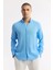 Erkek Mavi Düğmeli Yaka %100 Keten Comfort Fit Gömlek B002191 5