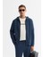 Erkek İndigo Kapüşonlu Pamuklu Fermuarlı Elastan Regular Fit Sweatshirt A42Y1264 1