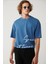 Erkek İndigo %100 Pamuk Bisiklet Yaka Baskılı Oversize Fit T-Shirt A41Y1038 1