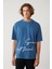 Erkek İndigo %100 Pamuk Bisiklet Yaka Baskılı Oversize Fit T-Shirt A41Y1038 3